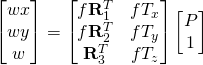 \begin{bmatrix}wx\\wy\\w\end{bmatrix} = \begin{bmatrix}f\bold{R}_1^T & fT_x \\ f\bold{R}_2^T & fT_y \\ \bold{R}_3^T & fT_z \end{bmatrix}\begin{bmatrix}P \\ 1 \end{bmatrix}