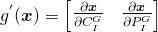 g^{'}(\boldsymbol{x}) = \begin{bmatrix}\frac{\partial{\boldsymbol{x}}}{\partial{C_I^G}}} & \frac{\partial{\boldsymbol{x}}}{\partial{P_I^G}}}\end{bmatrix}