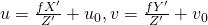 u = \frac{fX^\prime}{Z^\prime}+u_0, v = \frac{fY^\prime}{Z^\prime}+v_0