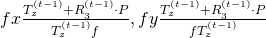 fx\frac{T^{(t-1)}_z + R_3^{(t-1)}\cdot P}{T^{(t-1)}_zf}, fy\frac{T^{(t-1)}_z + R_3^{(t-1)}\cdot P}{fT^{(t-1)}_z}