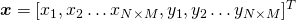 \boldsymbol{x} = \lbrack x_1, x_2 \ldots x_{N\times M}, y_1, y_2 \ldots y_{N\times M}\rbrack^T