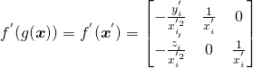 f^{'}(g(\boldsymbol{x})) = f^{'}(\boldsymbol{x}^{'}) = \begin{bmatrix} -\frac{y^{'}_i}{x^{'2}_i} & \frac{1}{x^{'}_i} & 0 \\ -\frac{z^{'}_i}{x^{'2}_i} & 0 & \frac{1}{x^{'}_i}\end{bmatrix}